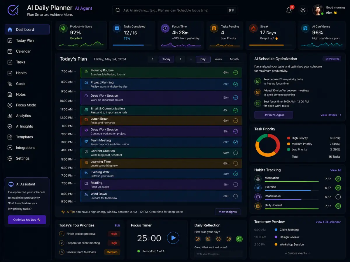 aidailyplanner.app AI daily planner app — dashboard preview